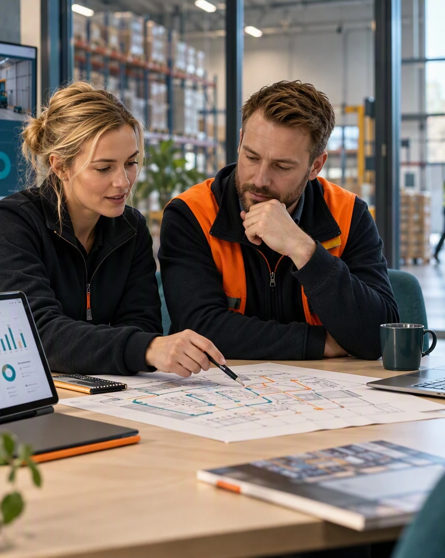 Två personer går tillsammans igenom en lagerritning med lagret i bakgrunden.
