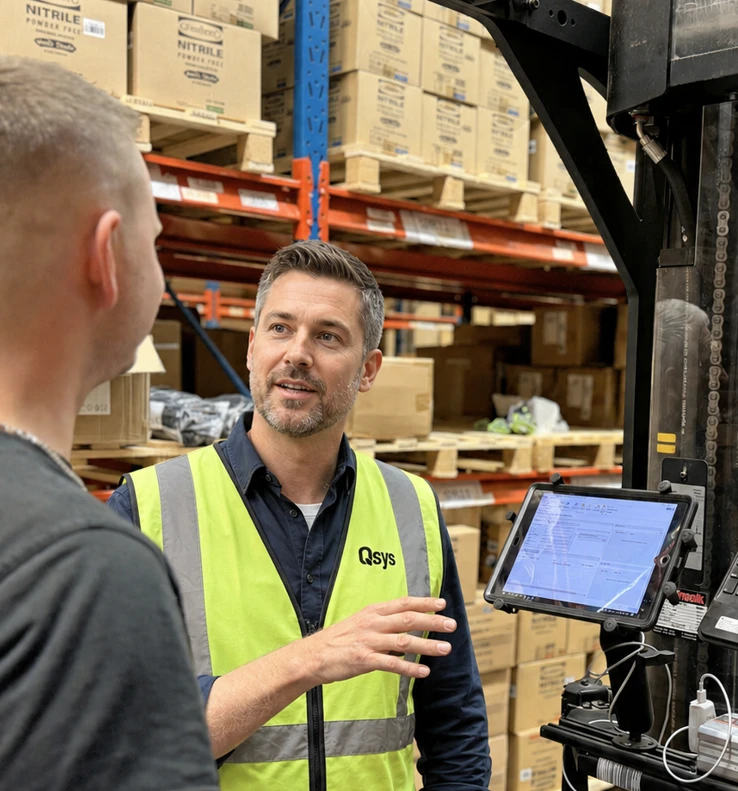 Qsys genomför ett samtal i lagret bredvid en truck med truckdator