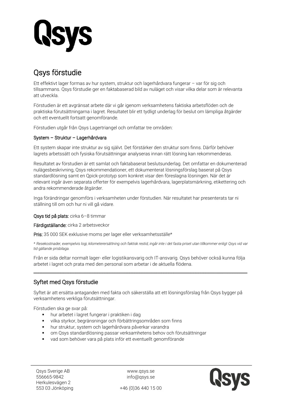 Första sidan i dokumentet Information Qsys Förstudie