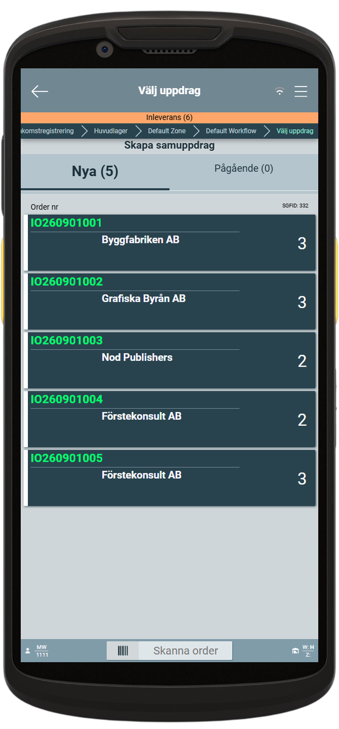 Exempel på Qpicks gränssnitt för val av inleveransuppdrag i en handenhet.