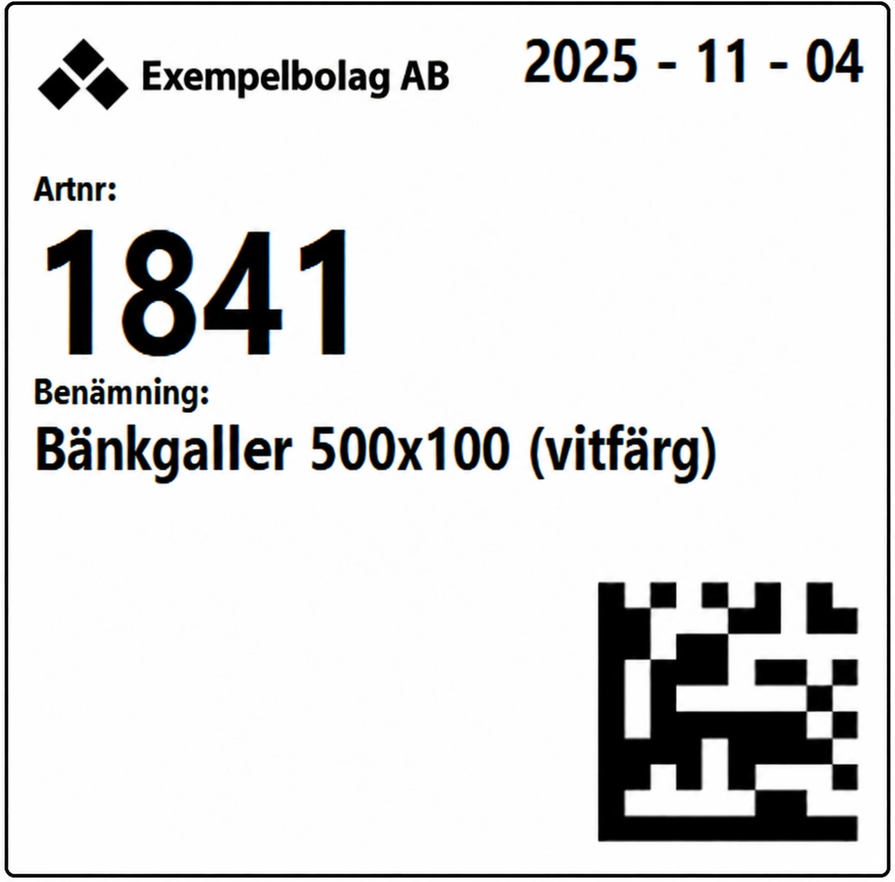 Exempel på artikeletikett med artikelnummer, benämning och skanningsbar kod